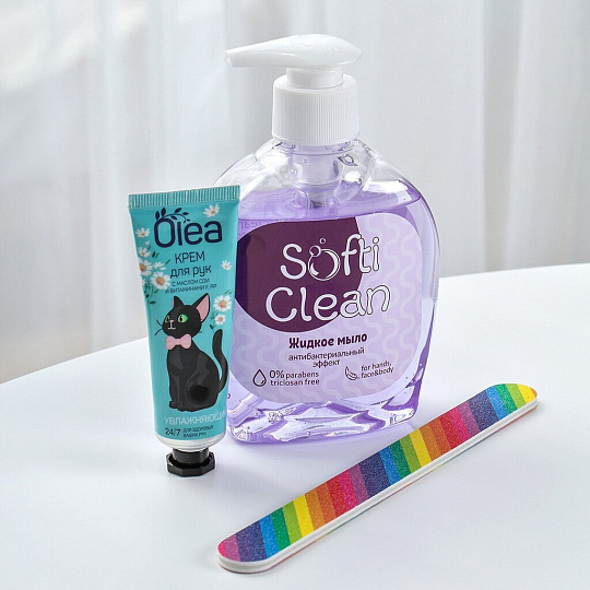 Набор для женщин, мыло жидкое Softi Clean, 300 мл + крем для рук, Olea, 30 мл + пилка маникюрная