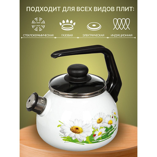 Чайник сталь, эмалированное покрытие, 2 л, со свистком, ручка консольная, СтальЭмаль, Ромашки лето, индукция, 4с210я