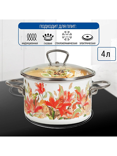 Кастрюля эмалированная сталь, 4 л, крышка стекло, цилиндрическая, Vitross, Lilianna, 1SD205S, индукция