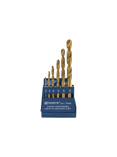 Набор сверл по металлу, 6 шт, Thorvik, TDBS6, 2-8 мм, HSS TiN, 52478