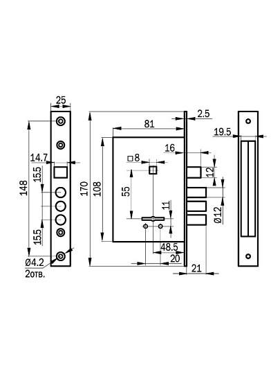 Замок врезной Просам, ЗВ 9-8/13, 76 704, 4421, ручка в комплекте, сувальдный, черный