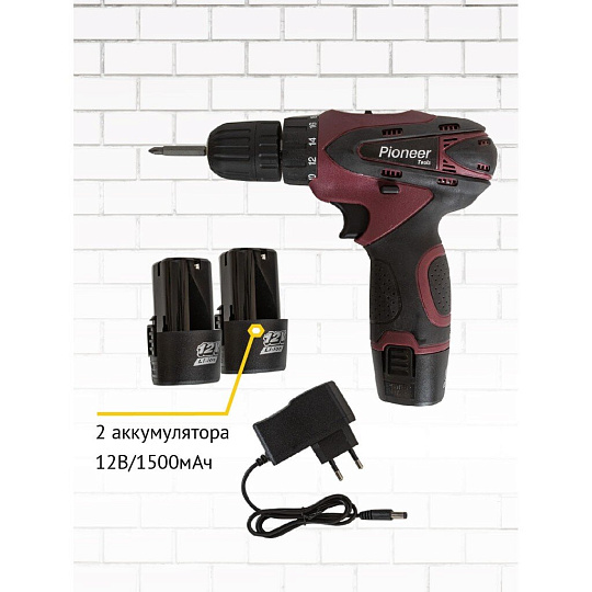 Дрель-шуруповерт аккумуляторный, Pioneer, CD-M1202C, 12 В, кейс, 17273