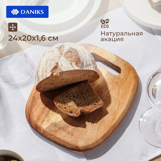 Доска разделочная акация, 24х20х1.6 см, с ручкой, прямоугольная, Daniks, CB27924A