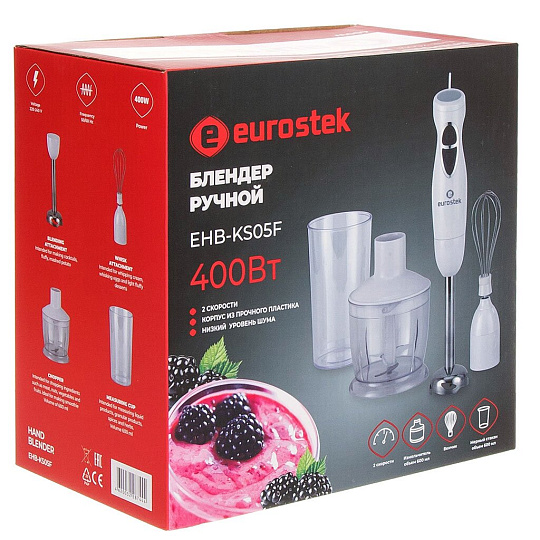 Блендер погружной 400 Вт, 2 скорости, стакан, венчик, измельчитель, Eurostek, EHB-KS05F, белый