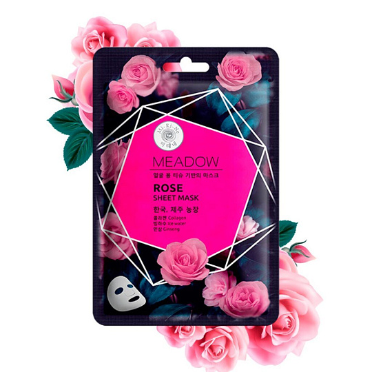 Маска для лица, Mi-Ri-Ne, Meadow, с ледниковой водой Роза и Женьшень, тканевая, питательная, для всех типов кожи, 25 г