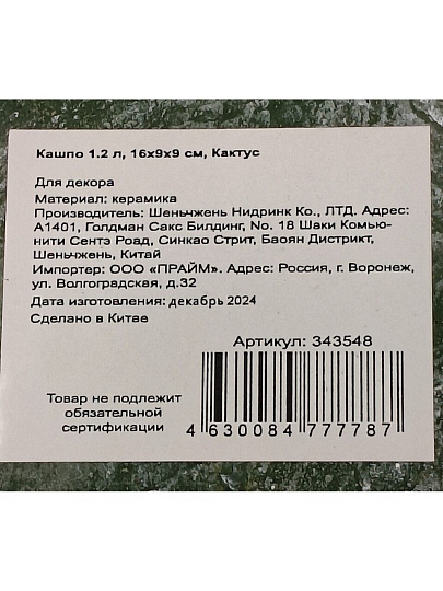 Кашпо керамика, 1.2 л, 16х9х9 см, Кактус, Y4-3079