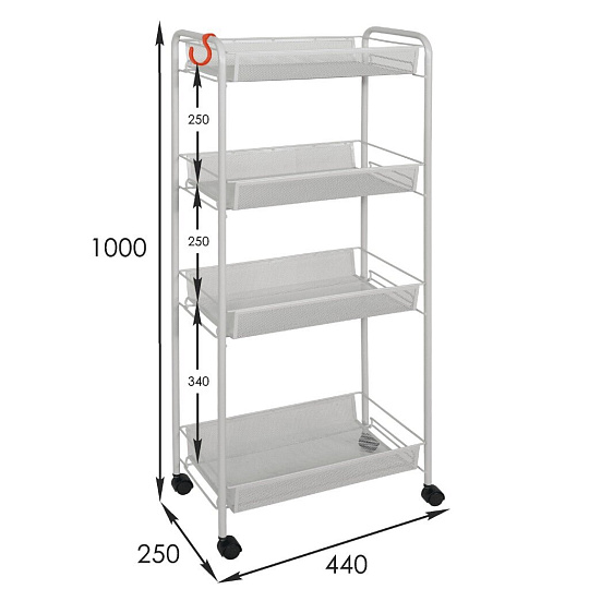 Этажерка универсальная, металл, 4 секции, 44х25х100 см, с мелкосетчатыми корзинами, серая, ЗМИ, Ладья 24К, Э 342 С