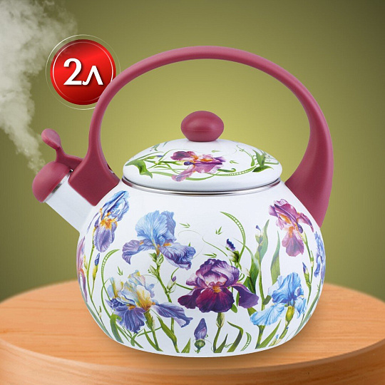 Чайник сталь, эмалированное покрытие, 2 л, со свистком, Appetite, Ирисы, белый, розовый, FT7-IR