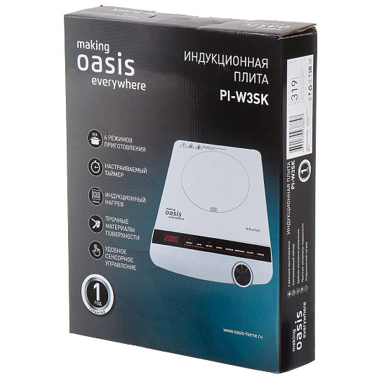 Плита индукционная Oasis, РI-W3SK, 2000 Вт, 1 конфорка, индукционная, стеклокерамика, сенсорная, переключатель сенсорный, белая