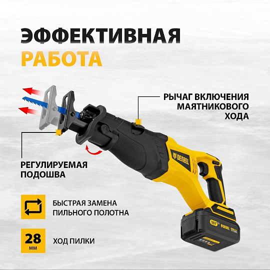 Пила сабельная, аккумуляторная, Denzel, BRC-120, Li-ion, 4 А.ч, 18 В, 1 акк, 120 мм, 3100 об/мин, бесщеточная, 28460