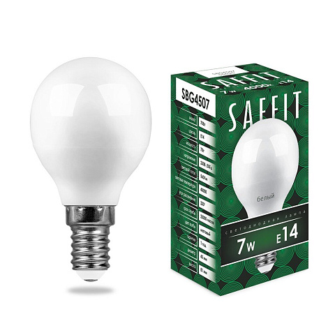 Лампа светодиодная E14, 7 Вт, 60 Вт, 230 В, шар, 4000 К, свет белый, Saffit, SBG4507, G45, 55035