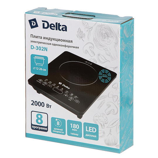 Плита индукционная Delfa, D-302N, 2000 Вт, 1 конфорка, стеклокерамика, сенсорная, переключатель сенсорный, 8 программ, черная
