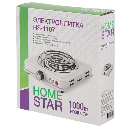 Плита электрическая Homestar, HS-1107, 1000 Вт, 1 конфорка, спираль, эмаль, механическая, переключатель поворотный, белая