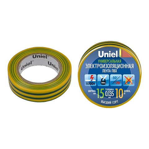 Изолента ПВХ, 15 мм, желто-зеленая, 10 м, Uniel, 04516