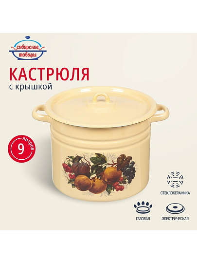 Кастрюля эмалированная сталь, 9 л, крышка сталь, цилиндрическая, Сибирские товары, С1622/.П/.п*59/*59/.П*79/*78/*119/79, в ассортименте