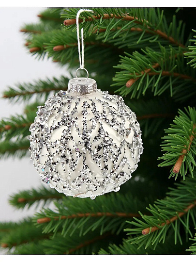 Елочный шар Серебряный лист, белый, 8 см, стекло, XF24-SC021