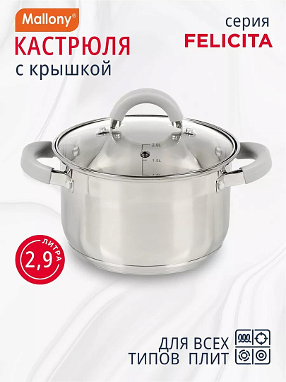 Кастрюля нержавеющая сталь, 2.9 л, крышка стекло, силиконовые ручки, Mallony, Felicità, 009387, индукция