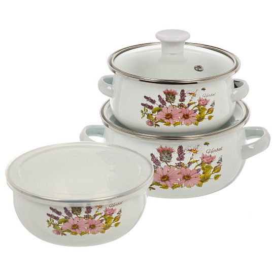 Набор посуды эмалированная сталь, 6 предметов, кастрюли 0.7,1.1 л, салатник 0.7 л, Ботаника, 894-011