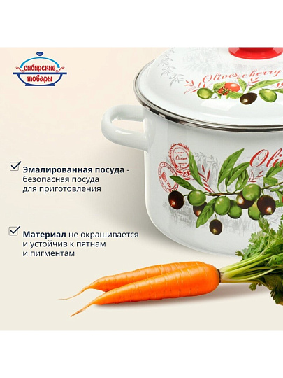 Кастрюля эмалированная сталь, 5.5 л, крышка сталь, цилиндрическая, Сибирские товары, Оливки и черри, 3MD221P, индукция