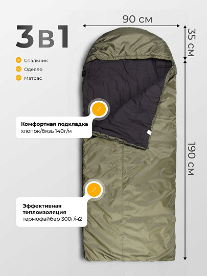 Спальный мешок одеяло, 190+35х90х10 см, -5 °C, термофайбер 300г/м2, с капюшоном, подклад хлопок/бязь 140г/м, Следопыт, PF-SB-48