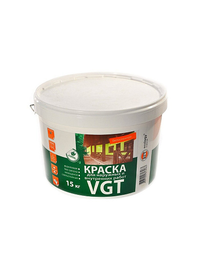 Краска водно-дисперсионная, VGT, акриловая, универсальная, моющаяся, влагостойкая, матовая, белоснежная, 15 кг