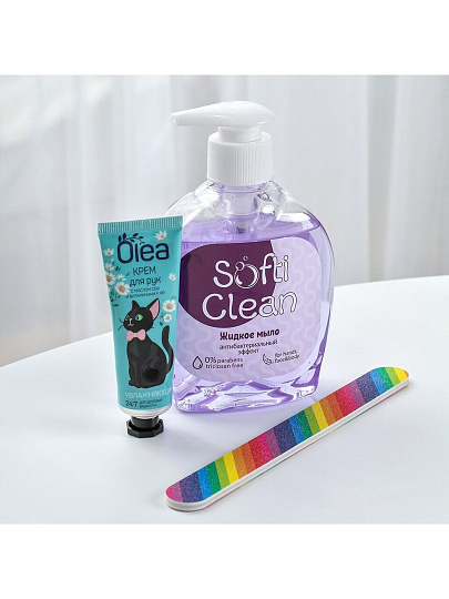 Набор для женщин, мыло жидкое Softi Clean, 300 мл + крем для рук, Olea, 30 мл + пилка маникюрная