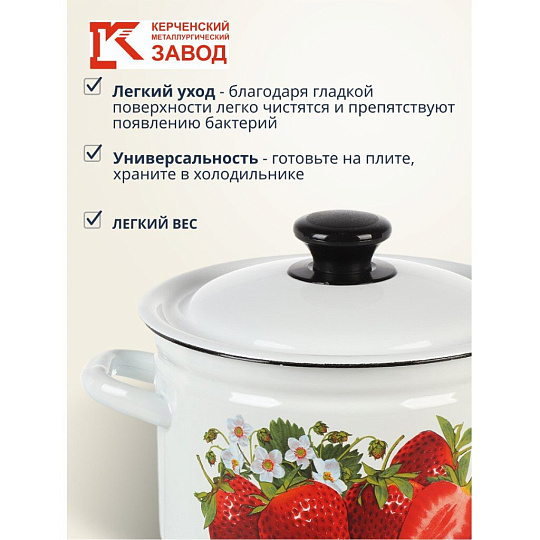 Кастрюля эмалированная сталь, 3 л, крышка сталь, цилиндрическая, Керченский металлургический завод, Клубника садовая, 41704-122/6-У4