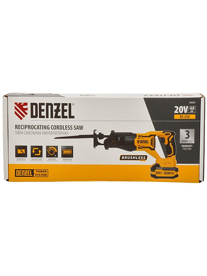 Пила сабельная, аккумуляторная, Denzel, RS-250, Li-ion, 4 А.ч, 20 В, 1 акк, 250 мм, 3000 об/мин, бесщеточная
