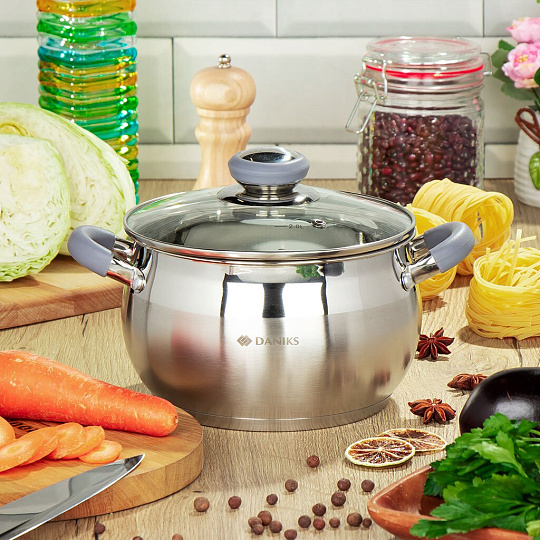 Кастрюля нержавеющая сталь, 2.9 л, с крышкой, крышка стекло, Daniks, Модерн серый, SD-18N, индукция