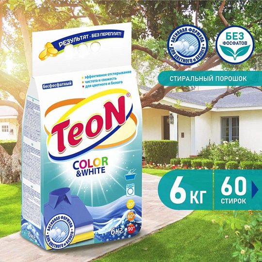 Стиральный порошок Teon, 6 кг, ручной + автомат, универсальный, Color & White