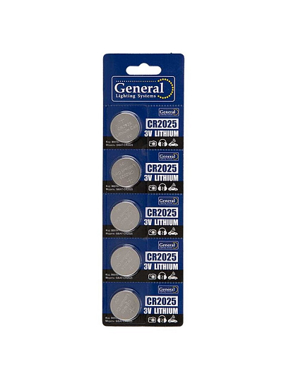 Батарейка General Lighting Systems, CR2025, GBAT-CR2025, литиевая, 3 В, блистер, 5 шт, кнопочная, 800567