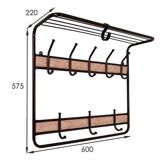 Вешалка настенная 8 крючков, 2-х ярусная, с полкой, 60х22х58 см, ЗМИ, ВСП 22В М, медный антик
