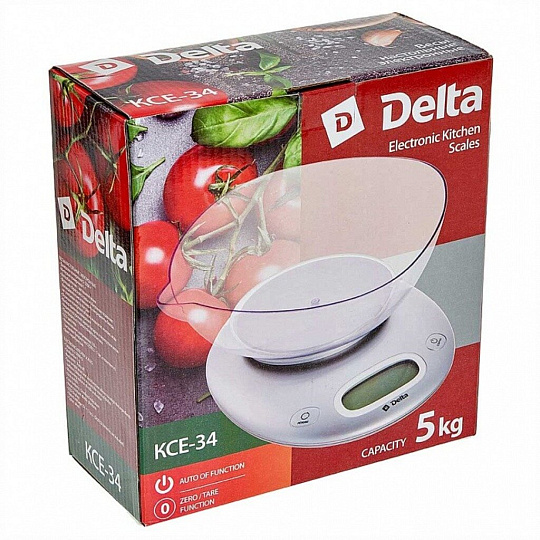 Весы кухонные электронные, пластик, Delta, чаша, точность 1 г, до 5 кг, LCD-дисплей, серебро, KCE-34