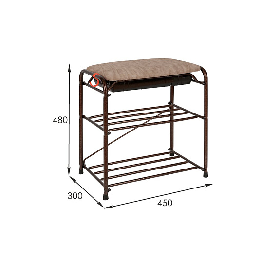 Полка для обуви, металл, 3 секции, 45х30х48 см, с сиденьем и ящиком, медный антик, ЗМИ, ПДОсСя 341 Б М