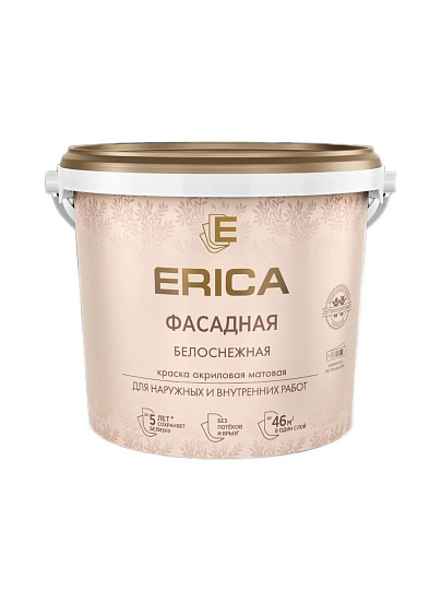 Краска водно-дисперсионная, Erica, акриловая, фасадная, моющаяся, влагостойкая, матовая, белая, 6.5 кг