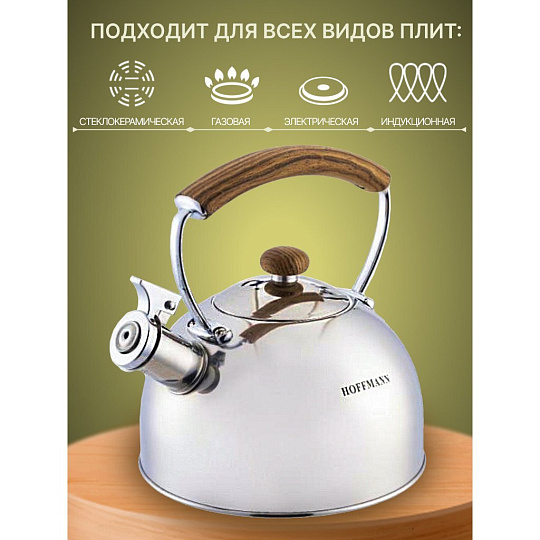 Чайник нержавеющая сталь, 2.5 л, со свистком, зеркальный, коричневая ручка, Hoffmann, индукция, НМ 55208