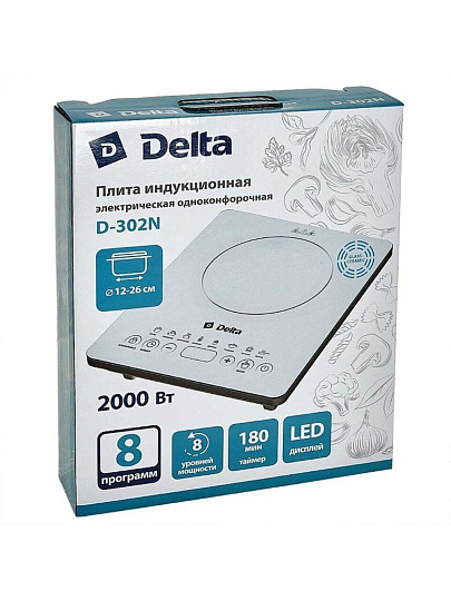 Плита индукционная Delta, D-302N, 2000 Вт, 1 конфорка, стеклокерамика, сенсорная, переключатель сенсорный, 8 программ, белая