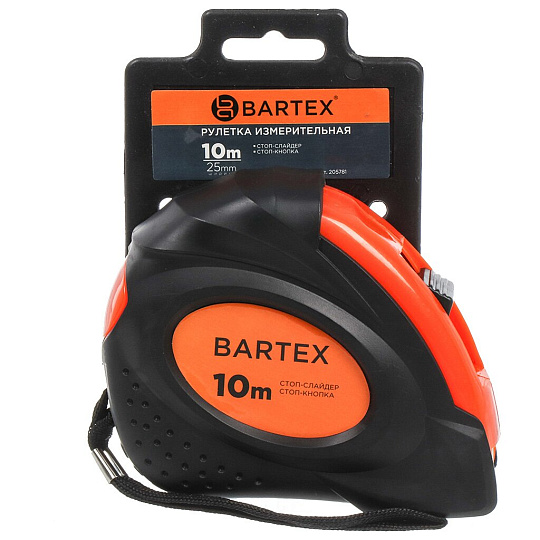 Рулетка 10 м, обрезиненный пластик, 25 мм, с фиксатором, + кнопка, Bartex, 36G-10025, JB 02
