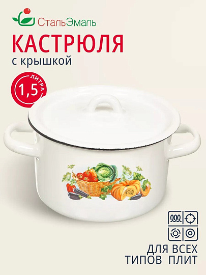 Кастрюля эмалированная сталь, 1.5 л, крышка сталь, цилиндрическая, СтальЭмаль, 1с15с/1, в ассортименте, индукция