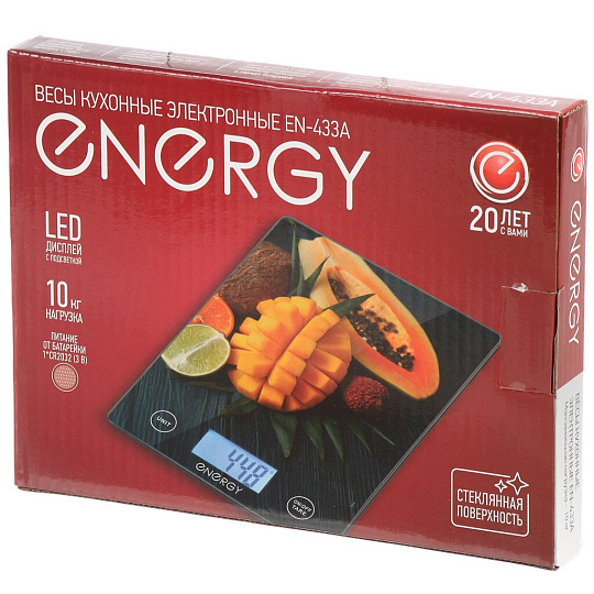 Весы кухонные электронные, стекло, Energy, EN-433A, платформа, 10 г, до 10 кг, LCD-дисплей, 110068