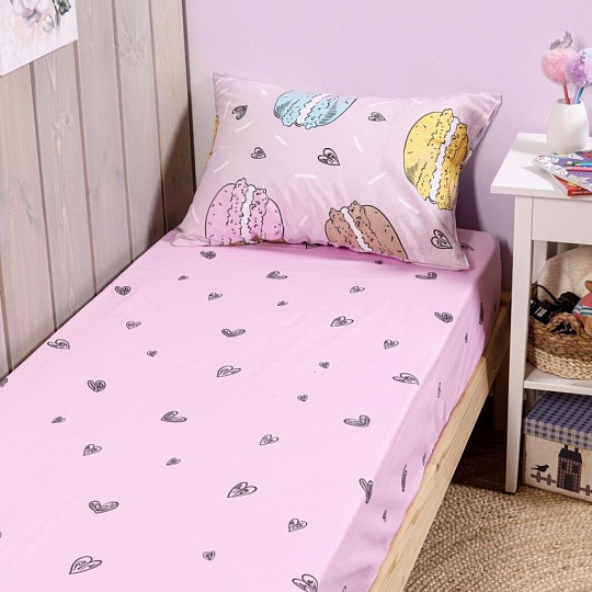 Постельное белье детское 1.5-спальное, простыня 145х215 см, 1 наволочка 50х70 см, пододеяльник 145х215 см, WMW, перкаль, Макарунс