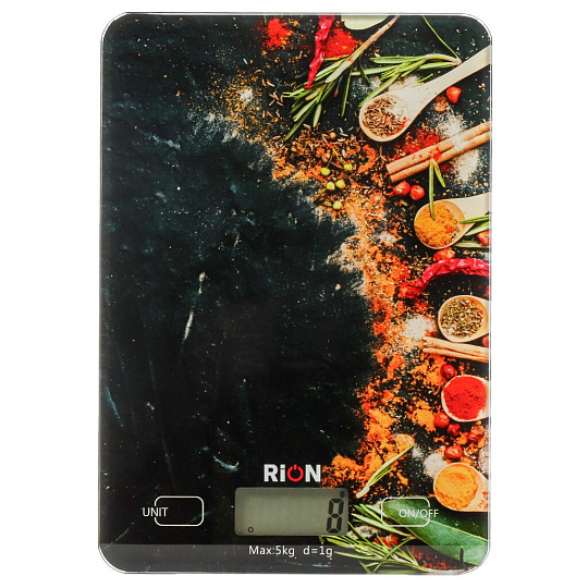 Весы кухонные электронные, стекло, Rion, Специи, точность 1 г, до 5 кг, LCD-дисплей, PT-893