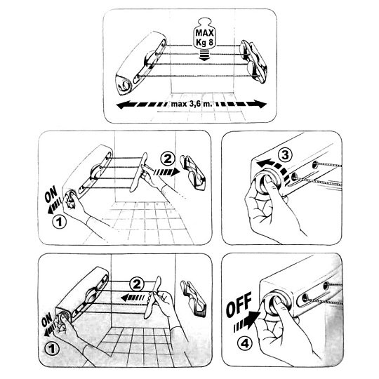 Сушилка для белья настенная, полотно 14.4 м, складная, 4 прута, 8 кг, инерционная, Gimi, Rotor-4