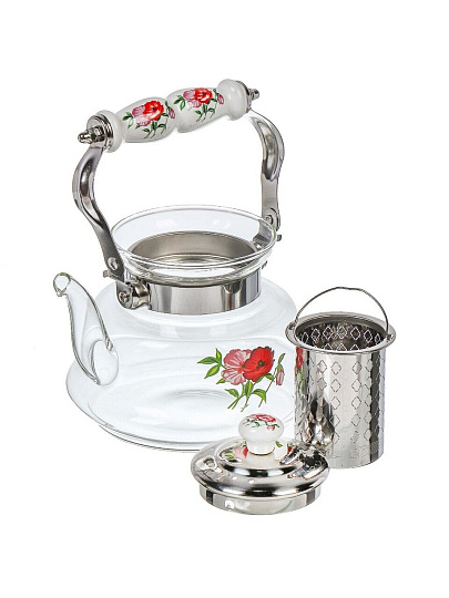 Чайник заварочный стекло, 1 л, с ситечком, Маки, Y4-6450