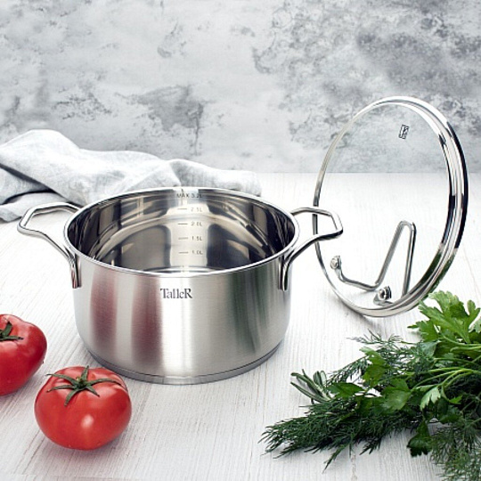 Кастрюля нержавеющая сталь, 1.5 л, с крышкой, крышка стекло, Taller, Инесс, TR-17255, индукция