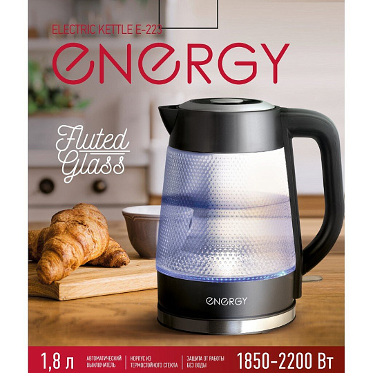 Чайник электрический Energy, E-223, 1.8 л, 2200 Вт, скрытый нагревательный элемент, стекло