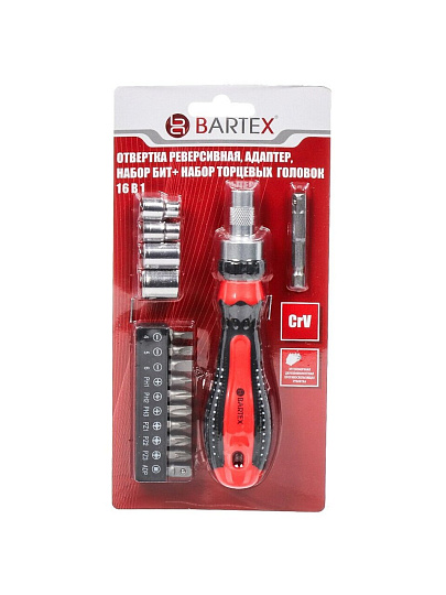 Отвертка реверсивная с битами, 16 предметов, Bartex, ручка пластиковая, CrV сталь, блистер