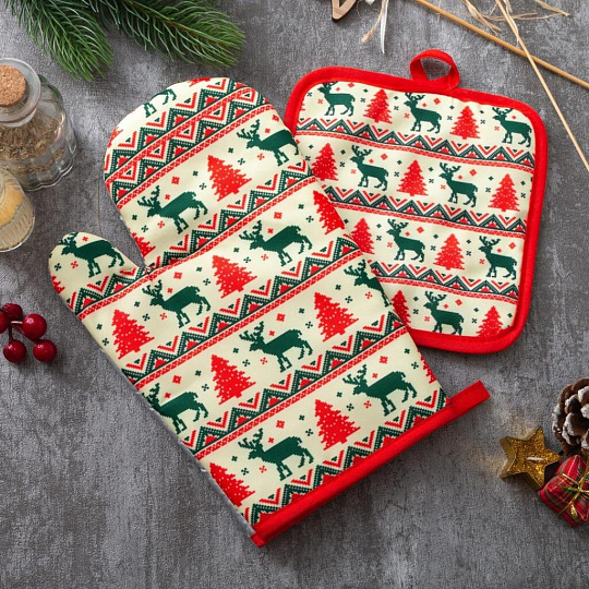 Набор кухонный 2 шт, 26х16 см + 17х17 см (варежка, прихватка), 100% полиэстер, Доляна, Олени, 4902056