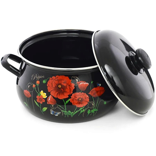 Кастрюля эмалированная сталь, 4.5 л, крышка сталь, индукция, круглая, Эстет, Красные маки, ЭТ-72858, черная, индукция