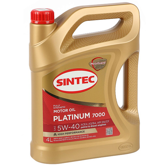 Масло моторное синтетическое, 5W40, Sintec, Platinum 7000, A3/B4 SN/CF, 4 л, 600139